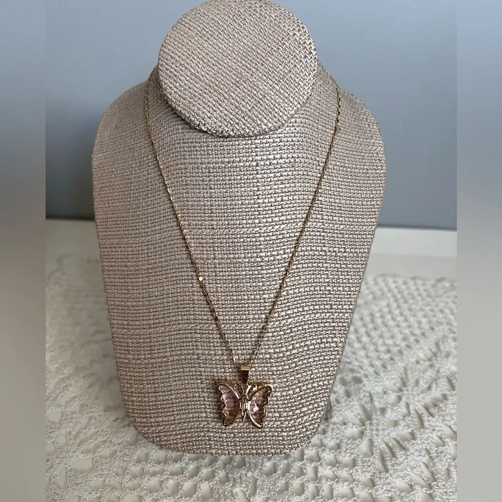 Gold Tone Pink Butterfly Jewelry Set Sparkling Crystal Wings Necklace Earrings